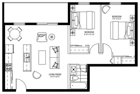Floor plan for 2 beds, 1 bath, 780 sqft